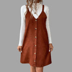 V-Neck Corduroy Dress with Strappy Details and Button Embellishments