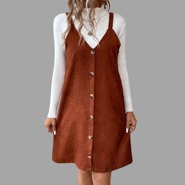 V-Neck Corduroy Dress with Strappy Details and Button Embellishments