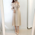 Stylish A-Line Dress Featuring V-Neck and Puff Sleeves