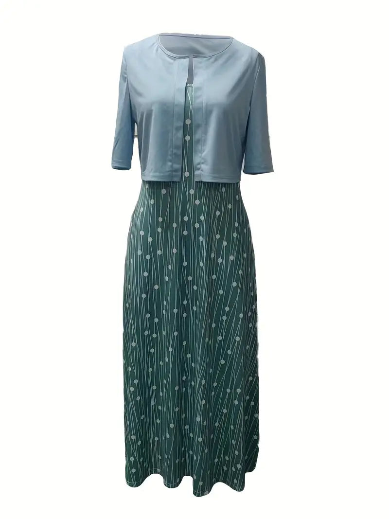 Stylish Two-Piece Floral Dress Set with Solid Crop Top and Round Neckline