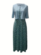 Stylish Two-Piece Floral Dress Set with Solid Crop Top and Round Neckline