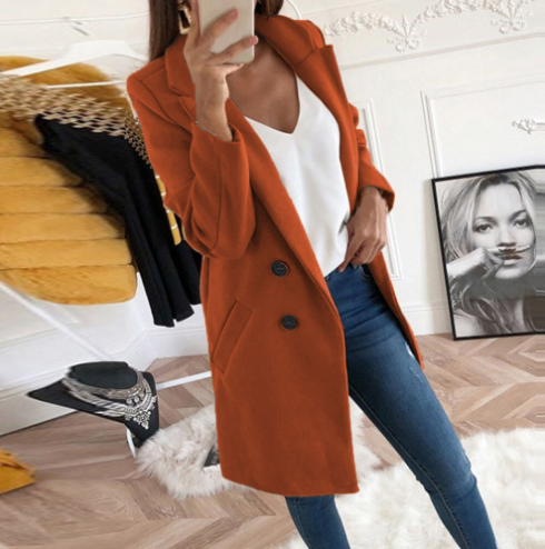 Women's Double-Breasted Wool Coat with Notched Collar