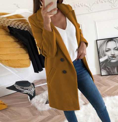 Women's Double-Breasted Wool Coat with Notched Collar