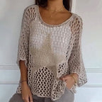 Women's Round Neck Crochet Knit Mesh Blouse