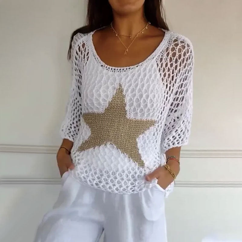 Women's Round Neck Crochet Knit Mesh Blouse