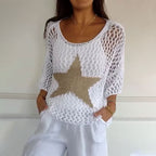 Women's Round Neck Crochet Knit Mesh Blouse