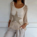 Women's Round Neck Crochet Knit Mesh Blouse